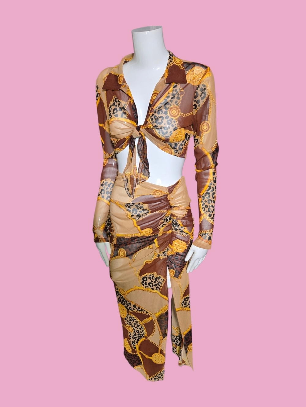 Two-Piece Tie Front Leopard & Chain Print Set in Brown/Gold